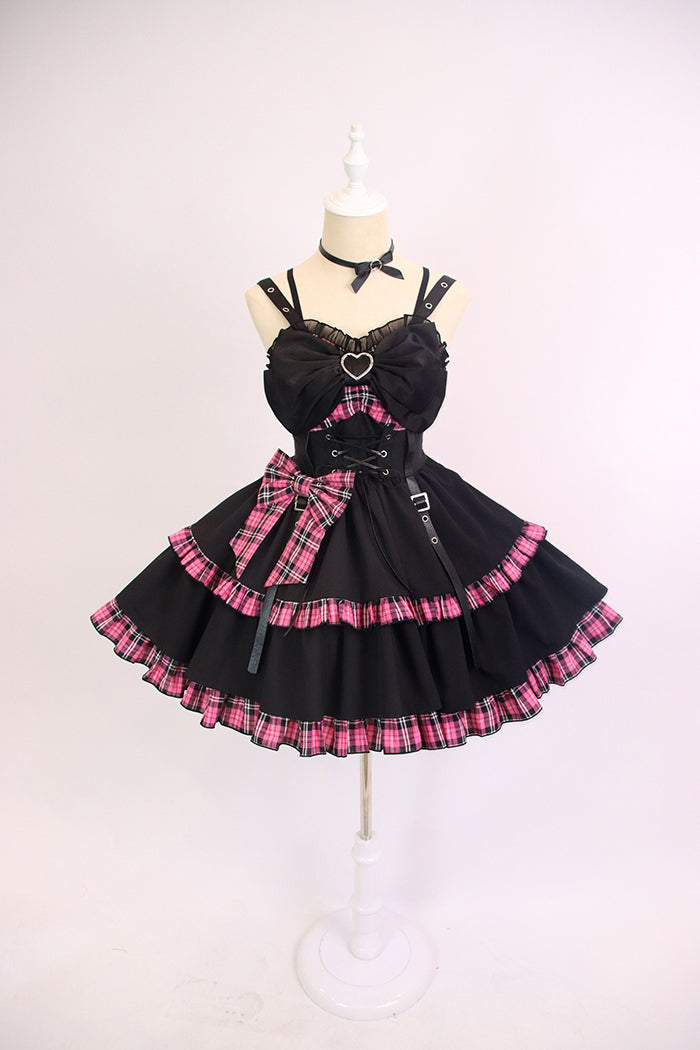 Alice Girl~Black Lolita Dress~Little Spicy Plaid JSK Dress XS black and pink (new version, without ruffles on bust) 
