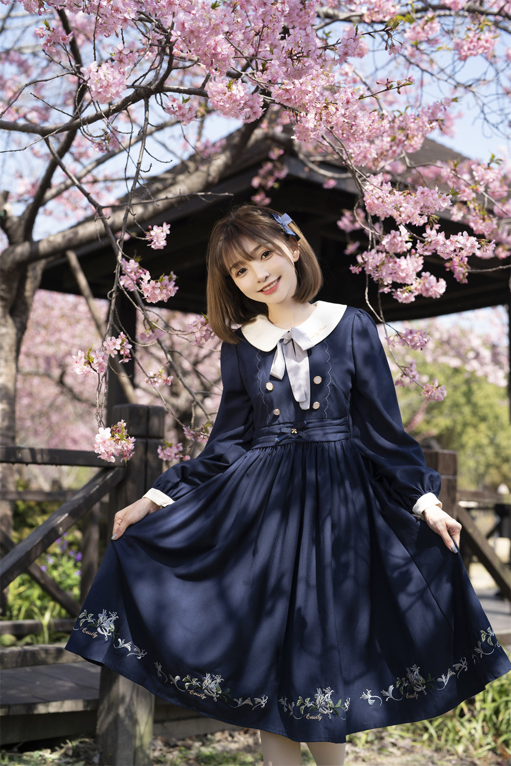EESSILY~The Spring of Champs Elysees~Elegant Lolita Floral Embroidered OP S long sleeve rich cyanotic (3XL 4XL L M S XL) 8312:139546