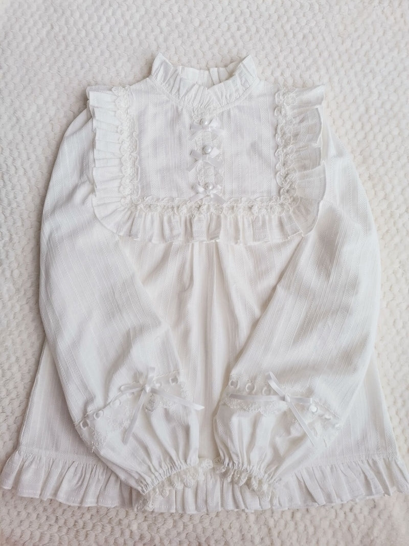 Yilia - Cotton Lolita Lace Long Sleeve White Blouse S white