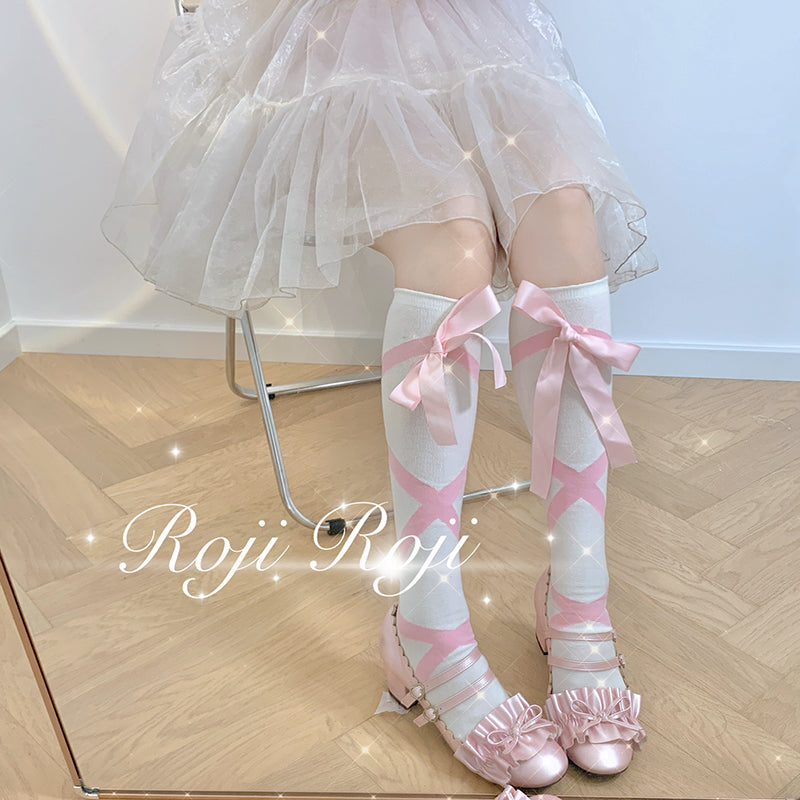 Roji roji~Uniform Cotton Lolita Autumn Calf Socks free size pink bow tie 