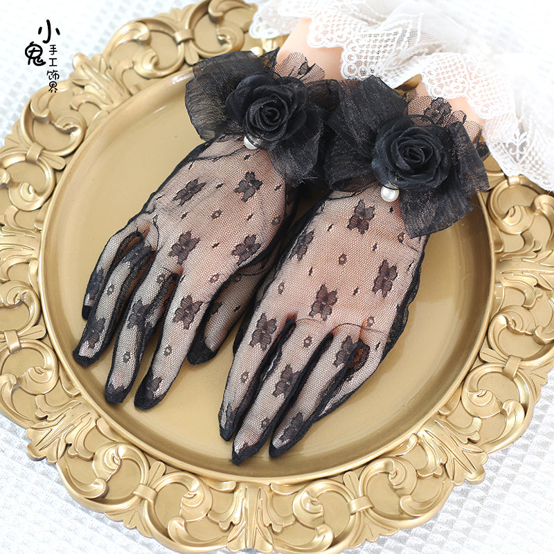 Xiaogui - Lace Bowknot Flower Vintage Lolita Gloves One Size black flower