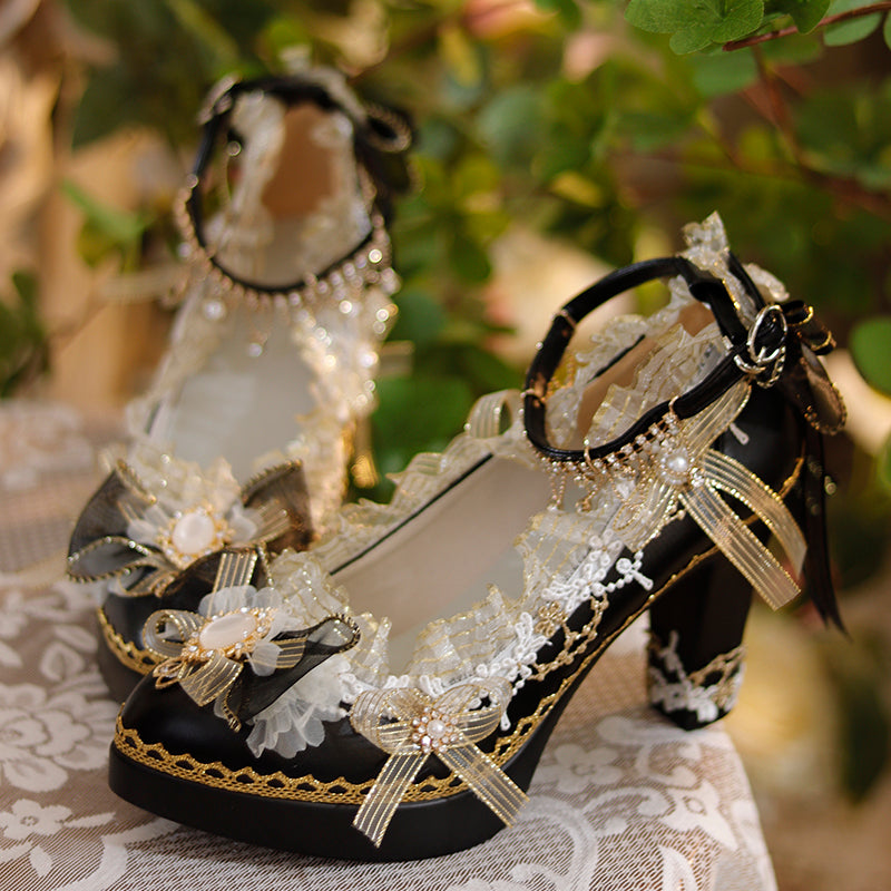 One Night - Handmade Luxuriant Tea Party Lolita Shoes 34 black+gold (8cm,thinner)