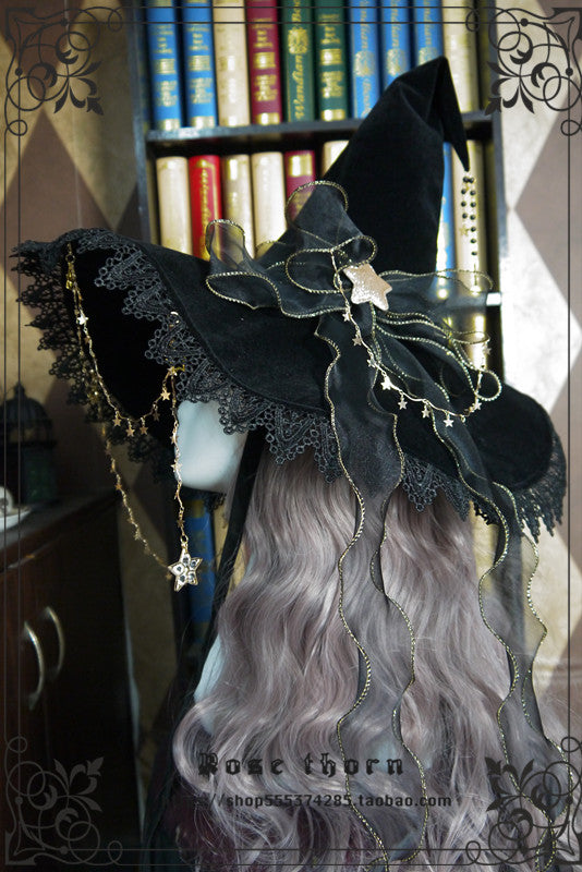 Rose Thorn - Twinkle Veil Lolita Halloween Witch Hat Black / bow ribbon hat / without the veil and star chain