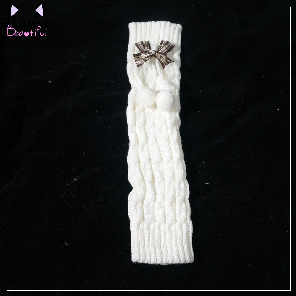 Kawaii Lolita Fluffy Rabbit Ears Leg Warmer coffee grid white hairballs leg sleeves One Size