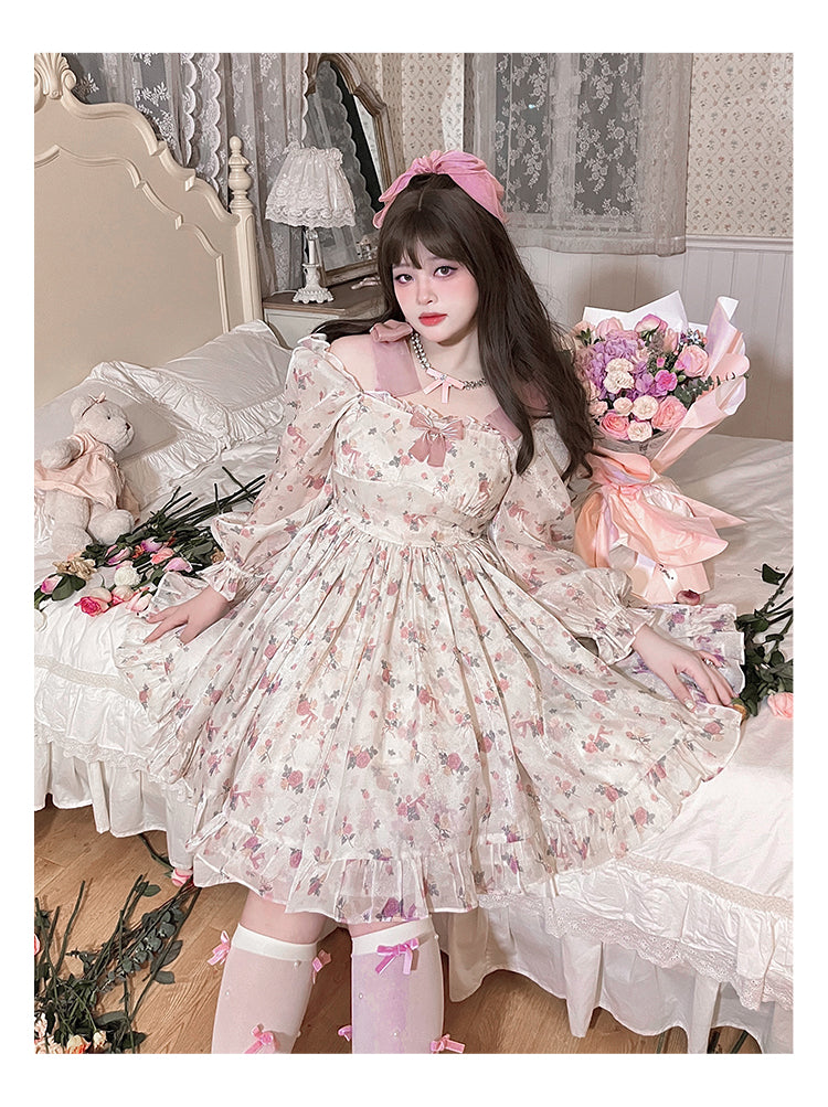 Yingtang - Plus Size Lolita Floral Print Lolita Dress XL apricot long sleeve