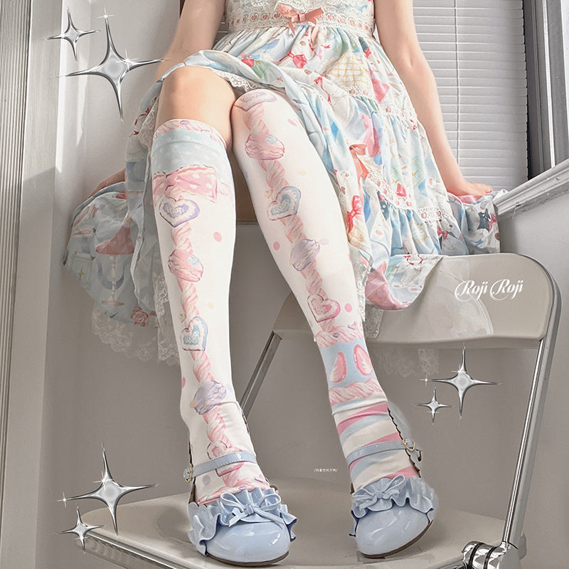 Roji roji - Macaron Printed Lolita Knee Stockings One Size Blue&pink