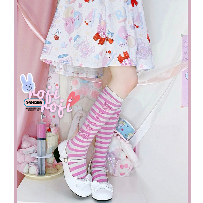 Roji roji - Striped Kawaii Lolita Calf Socks Multicolors One Size pink-white stripe