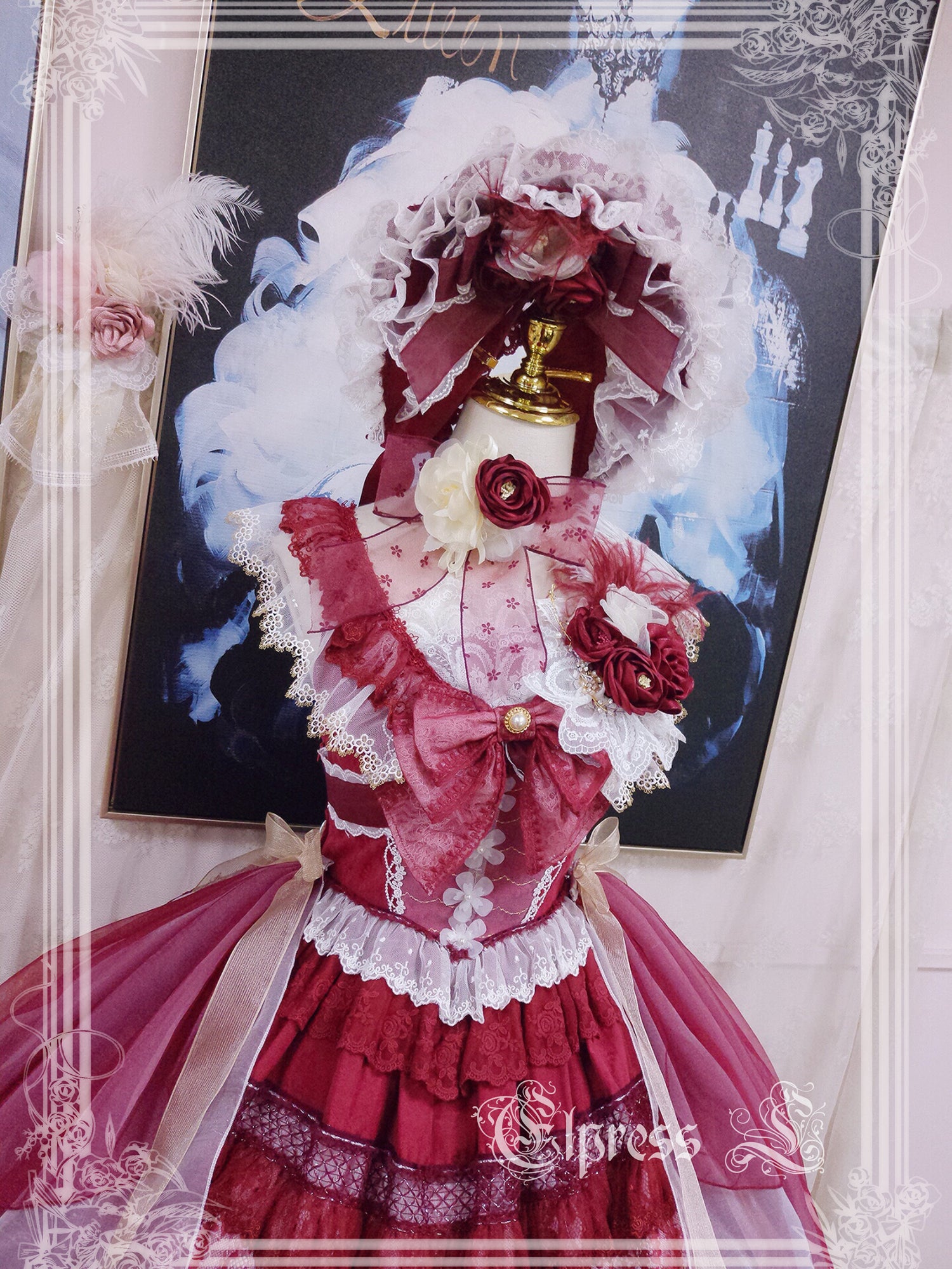 Elpress L~Christmas Flower Hairpins Lolita Mesh Veil KC Bonnet red choker (red / choker) 3008:29997