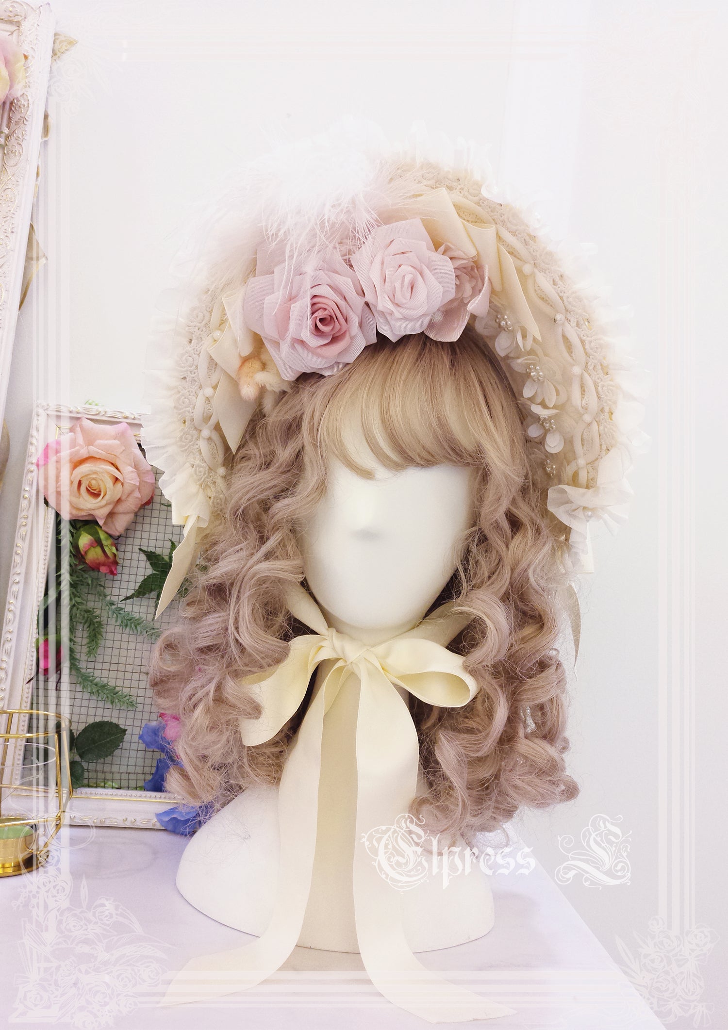 Elpress L~Wedding Lolita Floral Headdress BNT Veil ivory veil