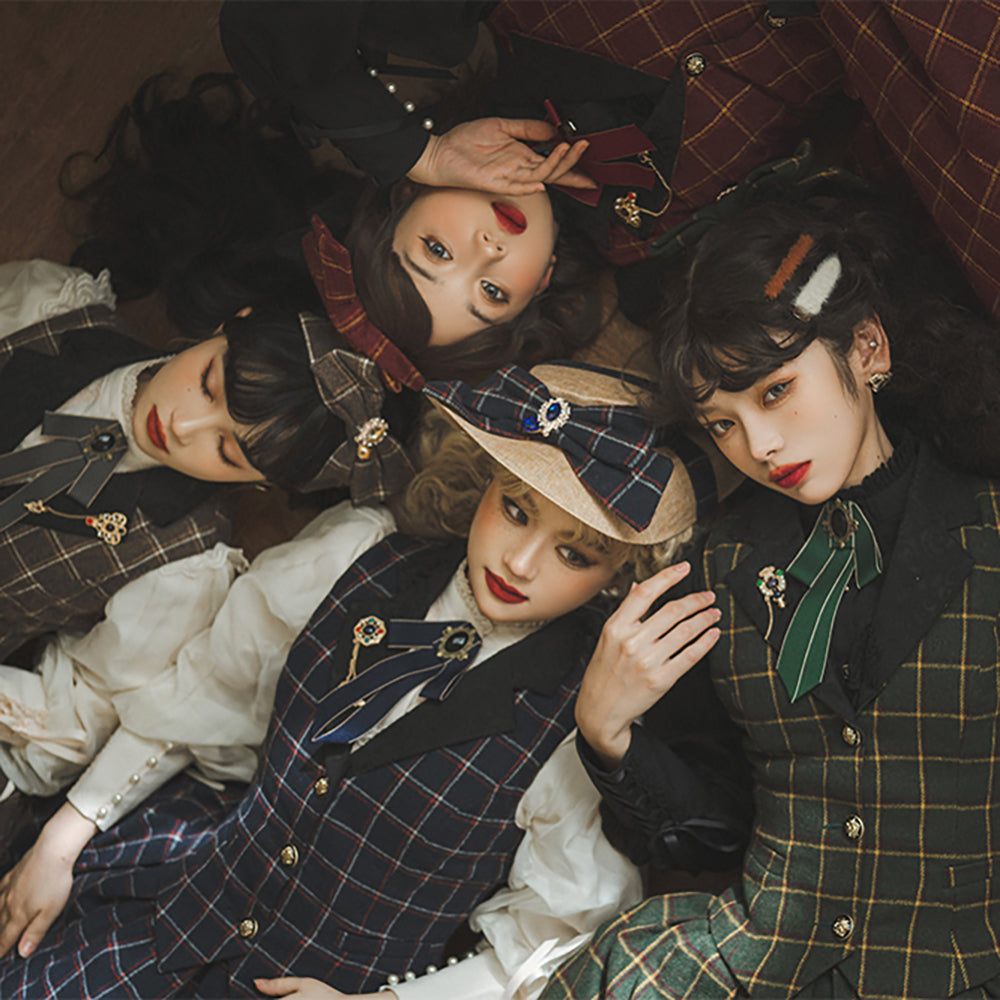 Miss point - Rose Silhouette - Lace Bow KC Lolita Accessories dark brown plaid bow clips