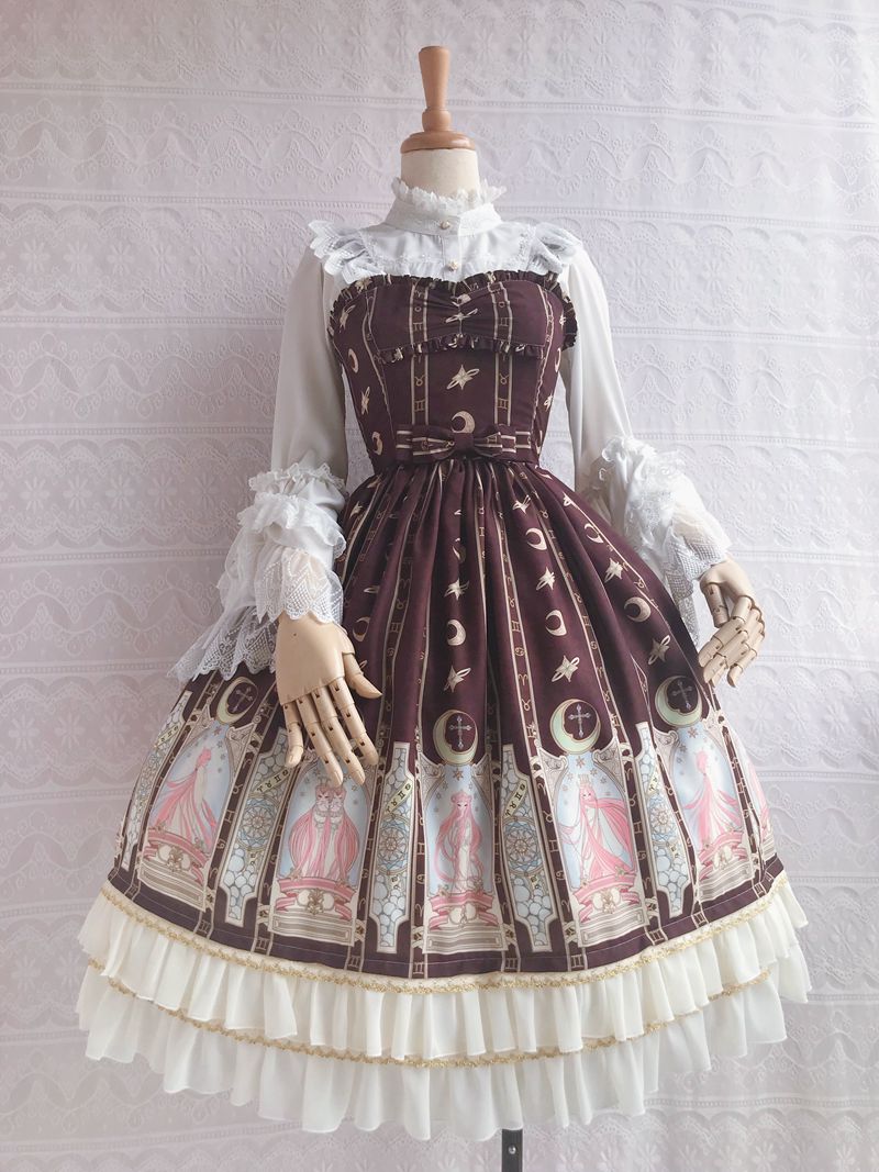 Yilia - Constellation Printing Chiffon Lolita JSK Dress XS brown (short verion)