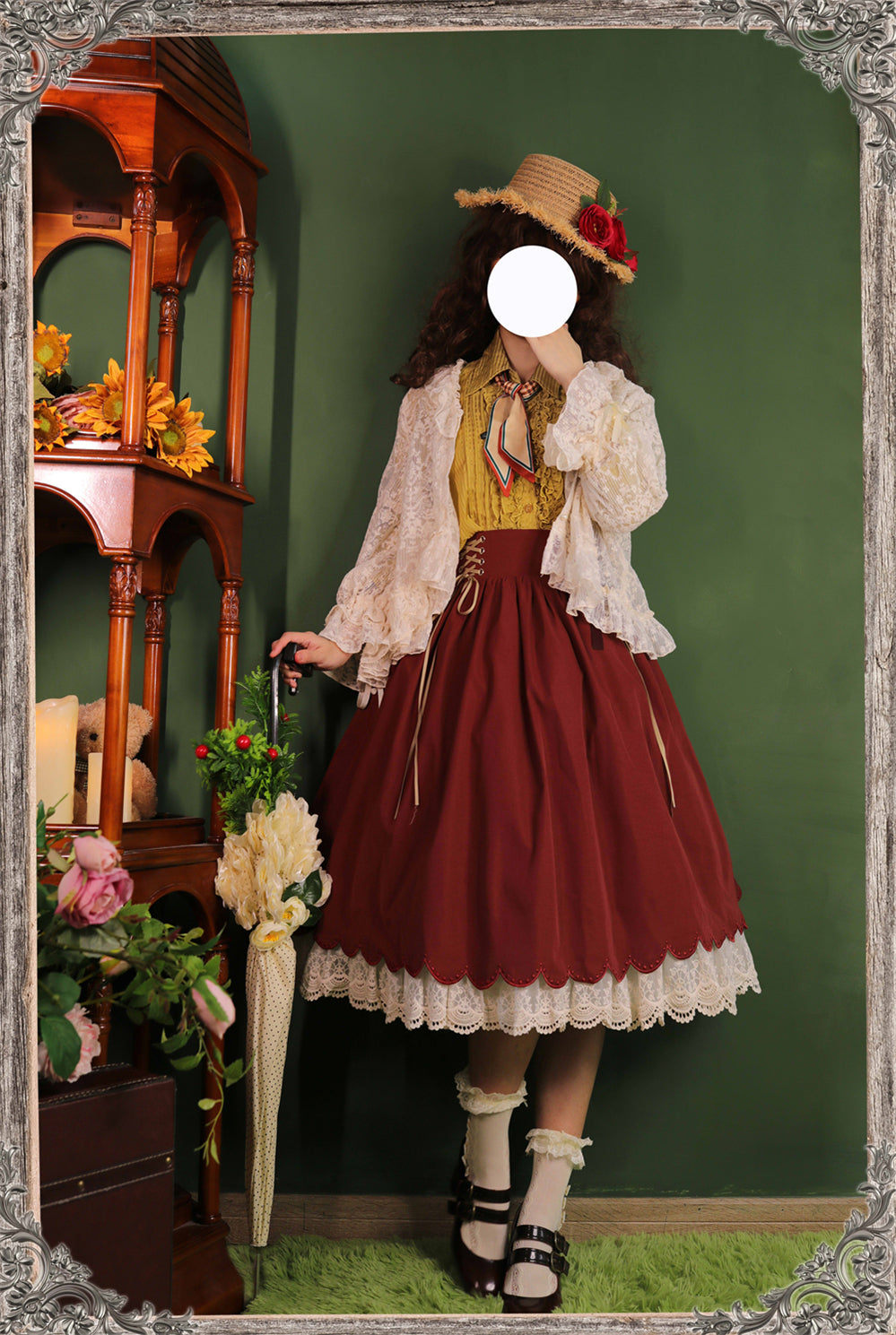 EESSILY - Countess's Autumn Tour - Retro Lolita Embroidery Long SK sk dark red small(S~M)