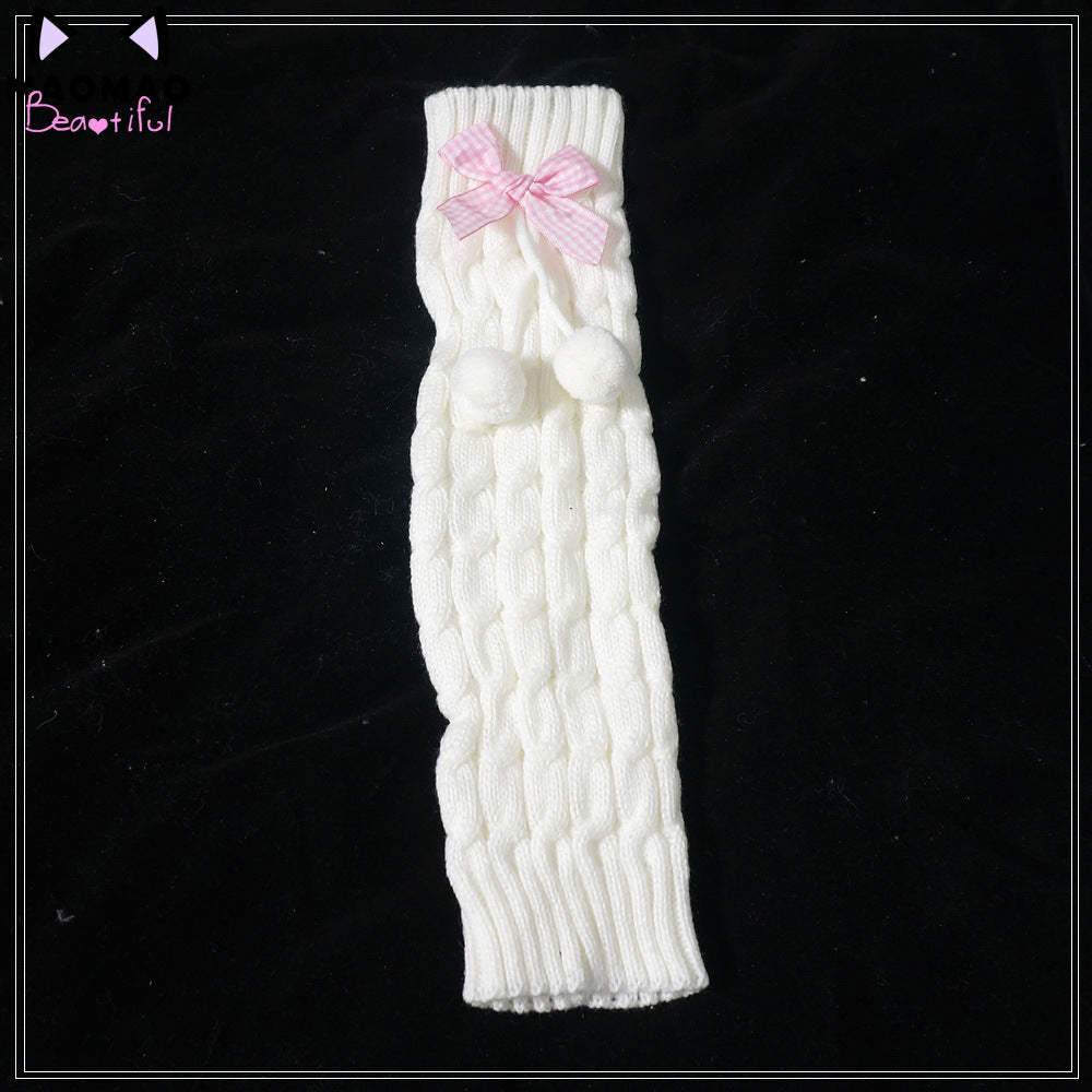 Kawaii Lolita Fluffy Rabbit Ears Leg Warmer pink grid white hairballs leg sleeves One Size