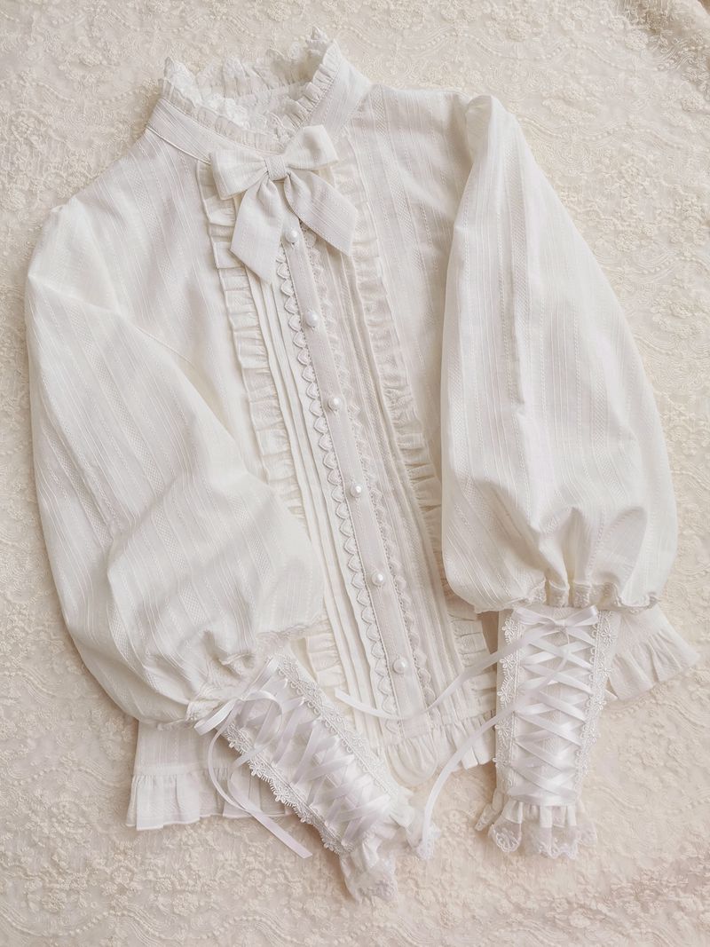 Yilia - Winter Mutton Sleeves Lace Flounce Lolita Blouse XS White without fleece-lined