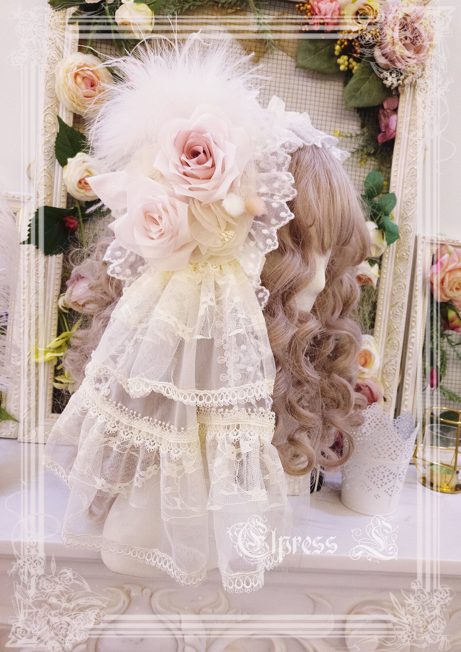 Elpress L~Wedding Lolita Floral Headdress BNT Veil ivory flower hairpins