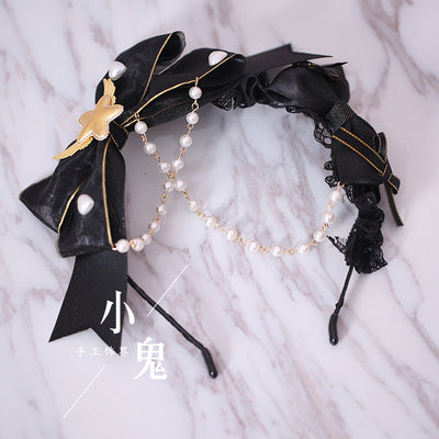 Xiaogui - Gothic Accessories Lolita Bow KC Hairclip No.2 dissymmetry gold line KC