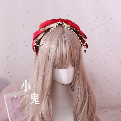 Xiaogui - Gothic Accessories Lolita Bow KC Hairclip wine red (multilayer beads KC)