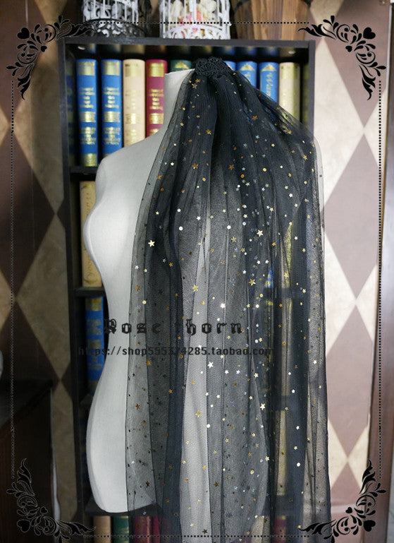 Rose Thorn - Twinkle Veil Lolita Halloween Witch Hat Star-embellished sheer double-layer veil