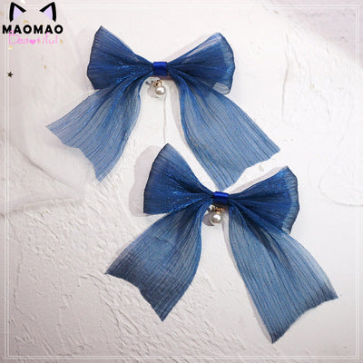 MaoJiang Handmade - Kawaii Bows Lolita Head Accessories navy blue- big bow bead hairpin (a pair)