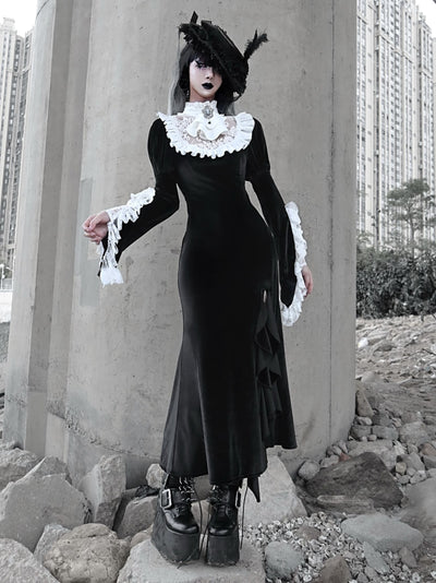 Blood Supply~Gothic Lolita Dress Halloween Vampire Mermaid Velvet OP S goth lace mermaid OP 