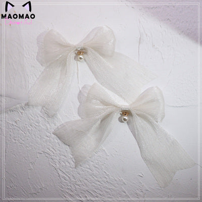 MaoJiang Handmade - Kawaii Bows Lolita Head Accessories white-big bow bead hairpin (a pair)