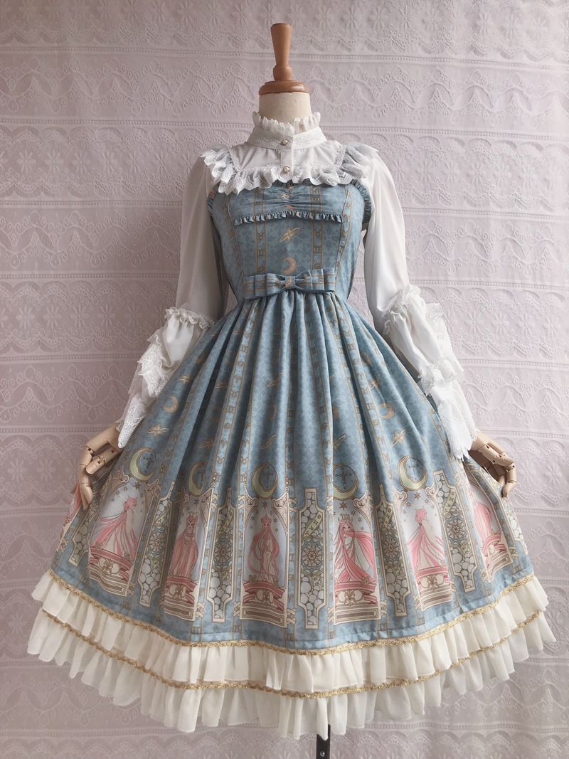 Yilia - Constellation Printing Chiffon Lolita JSK Dress XS light blue (short verion)