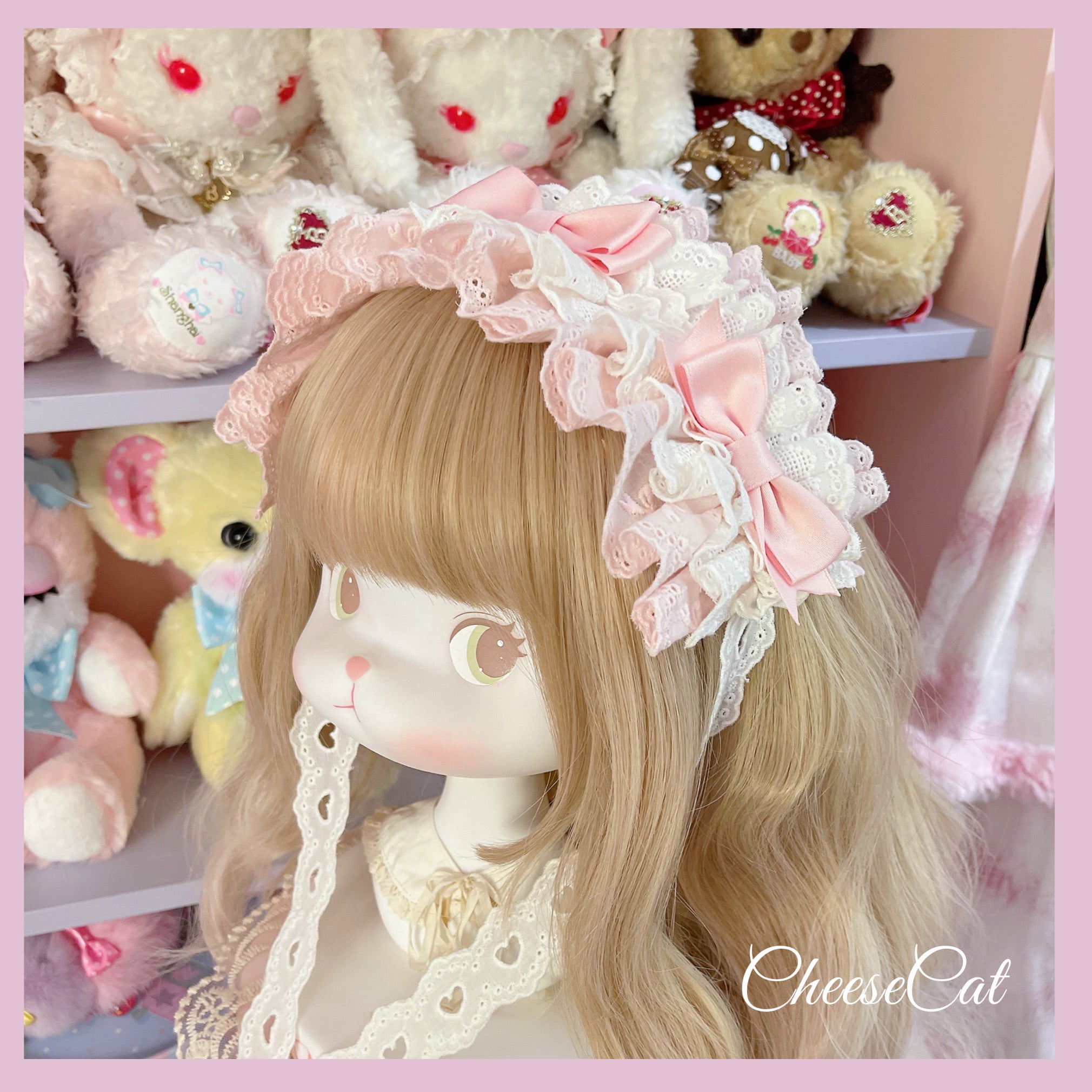 Cheese Cat - Doll Lullaby Tabby Cat Cotton Lolita Headdress pink+white cotton hairband