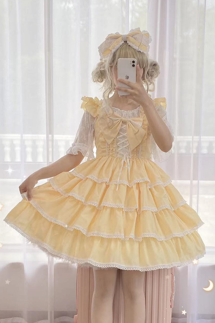 Ilovexiaolu - Princess Tata Kawaii Solid Color Lolita JSK S Long lemon yellow