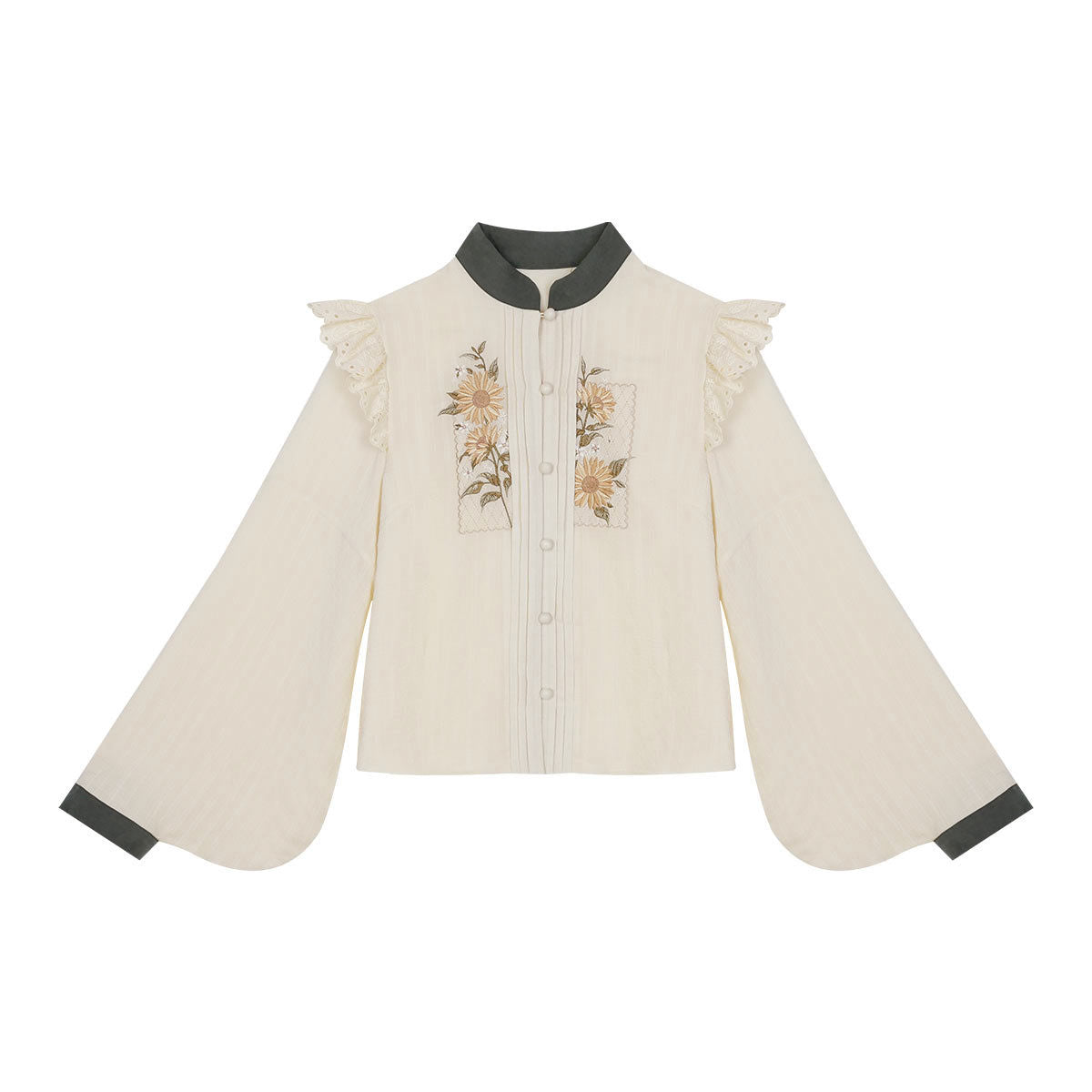 Meow Jun - Sunflower Appointment - Chinese Style Skirt and Blouse S Beige Embroidered Blouse Only