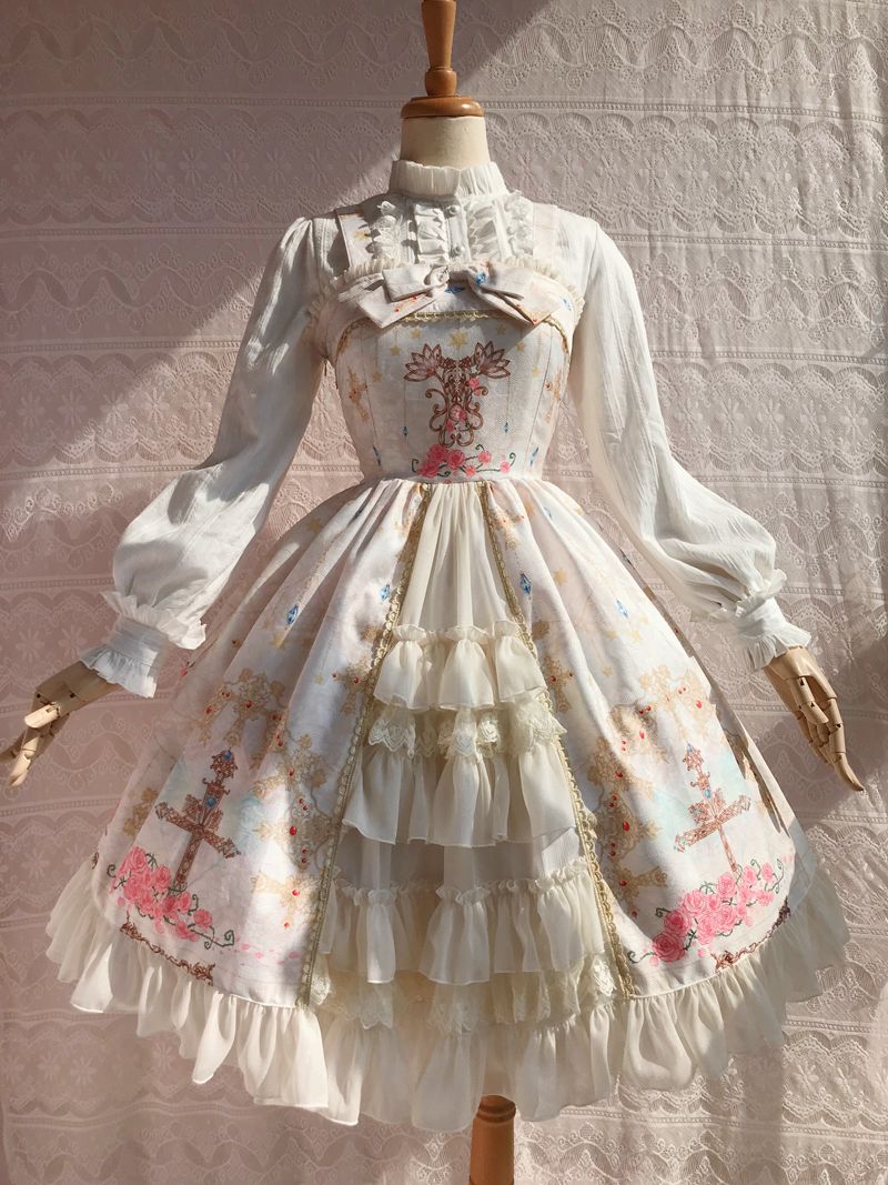 Yilia - Peacock Cross - Printed Winter Classic Lolita JSK XS White
