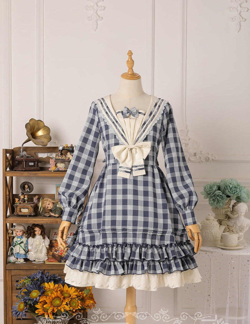 Tartan Sailor Lolita OP Dress S navy grid long sleeves OP