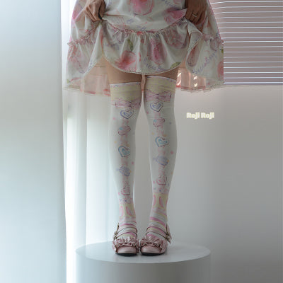 Roji roji - Macaron Printed Lolita Knee Stockings One Size Yellow&pink