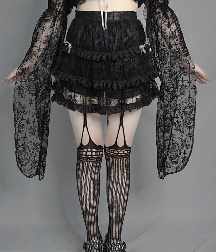 Blood Supply - Dark Feast - Gothic Cross Tiered Mesh Lolita Skirt