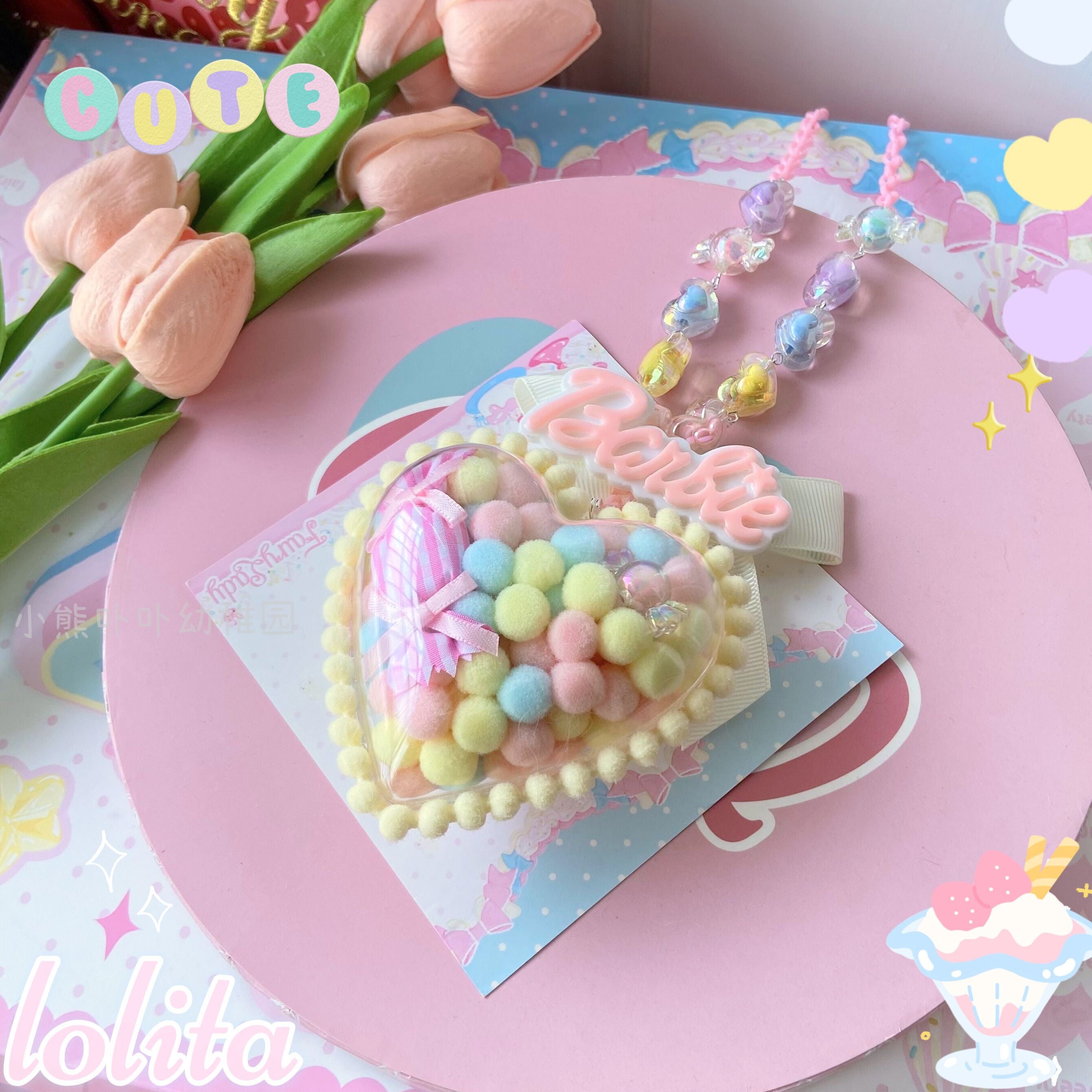 Bear doll - Sweet Lolita Handmade Necklace yellow pink heart