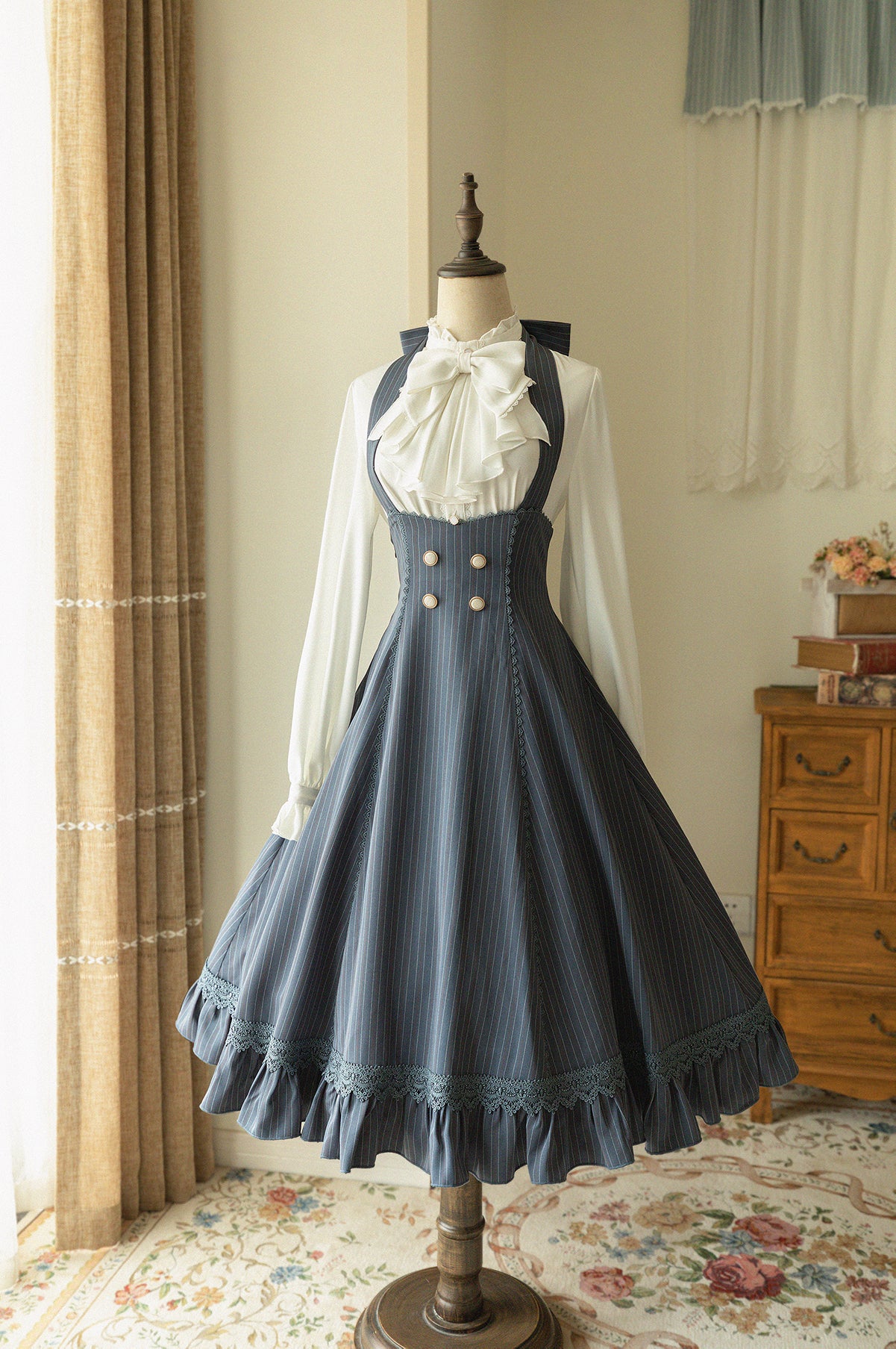 (BuyForMe) Forest Wardrobe~South of the Forest~Vintage Lolita Halter JSK Dress French Style Blouse S grey blue striped JSK 
