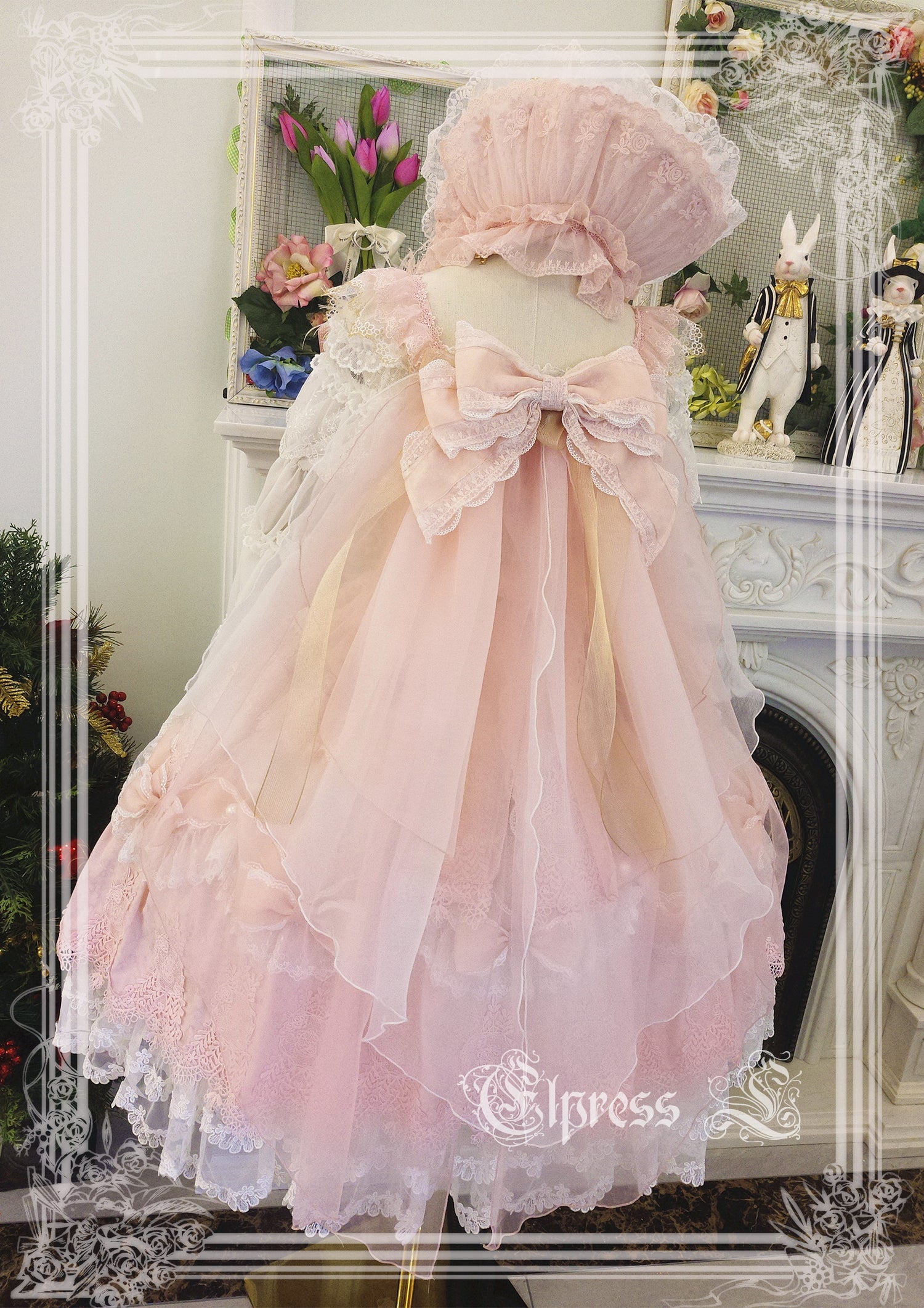 Elpress L - Christmas Flower Hairpins Lolita Mesh Veil KC Bonnet pink dual-purpose veil
