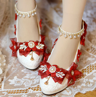 One Night - Wedding Lolita Floral Pointed Toe Heels 34 burgundy