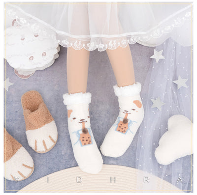 Yidhra~Coral Flannelette Warm Kawaii Lolita Christmas Socks freesize milky puppy 