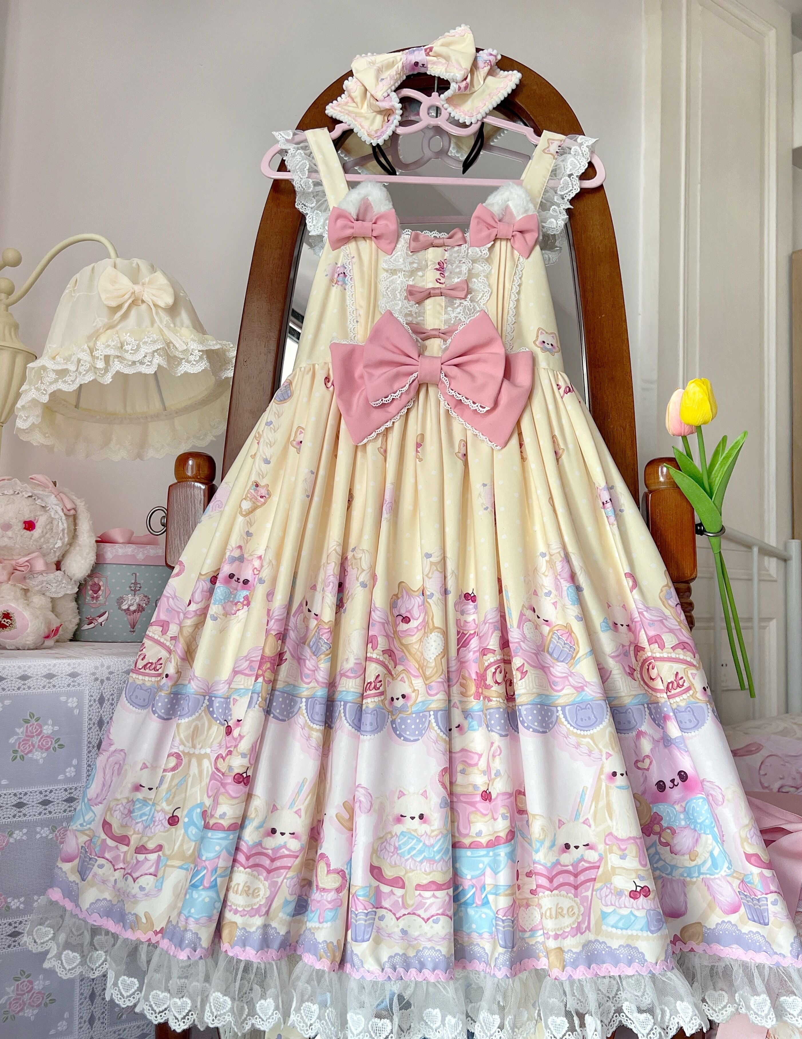 Buyforme)White Sugar Girl~Cute Lolita Cat Printed Sweet JSK Dress