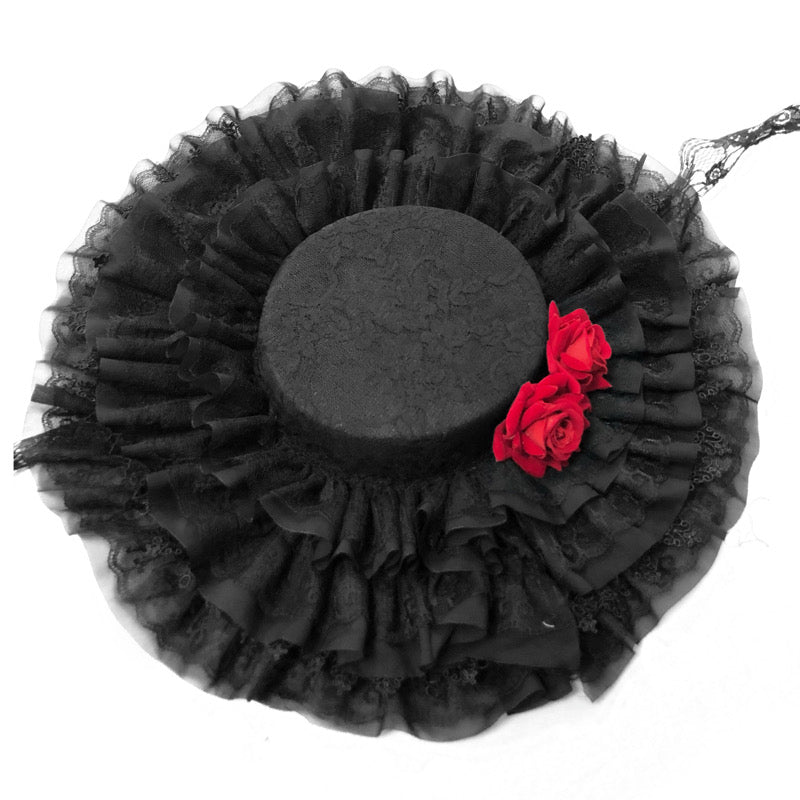 Blood Supply - Night Visit with Vampire - Halloween Gothic Lolita Rose Flat Hat One Size lace flat hat