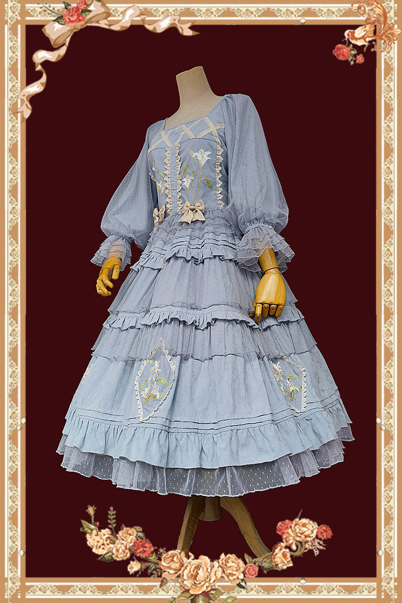 Infanta - Melaleuca Lily - Embroidery Country Lolita Blouse and Skirt M blue set blue net yarn