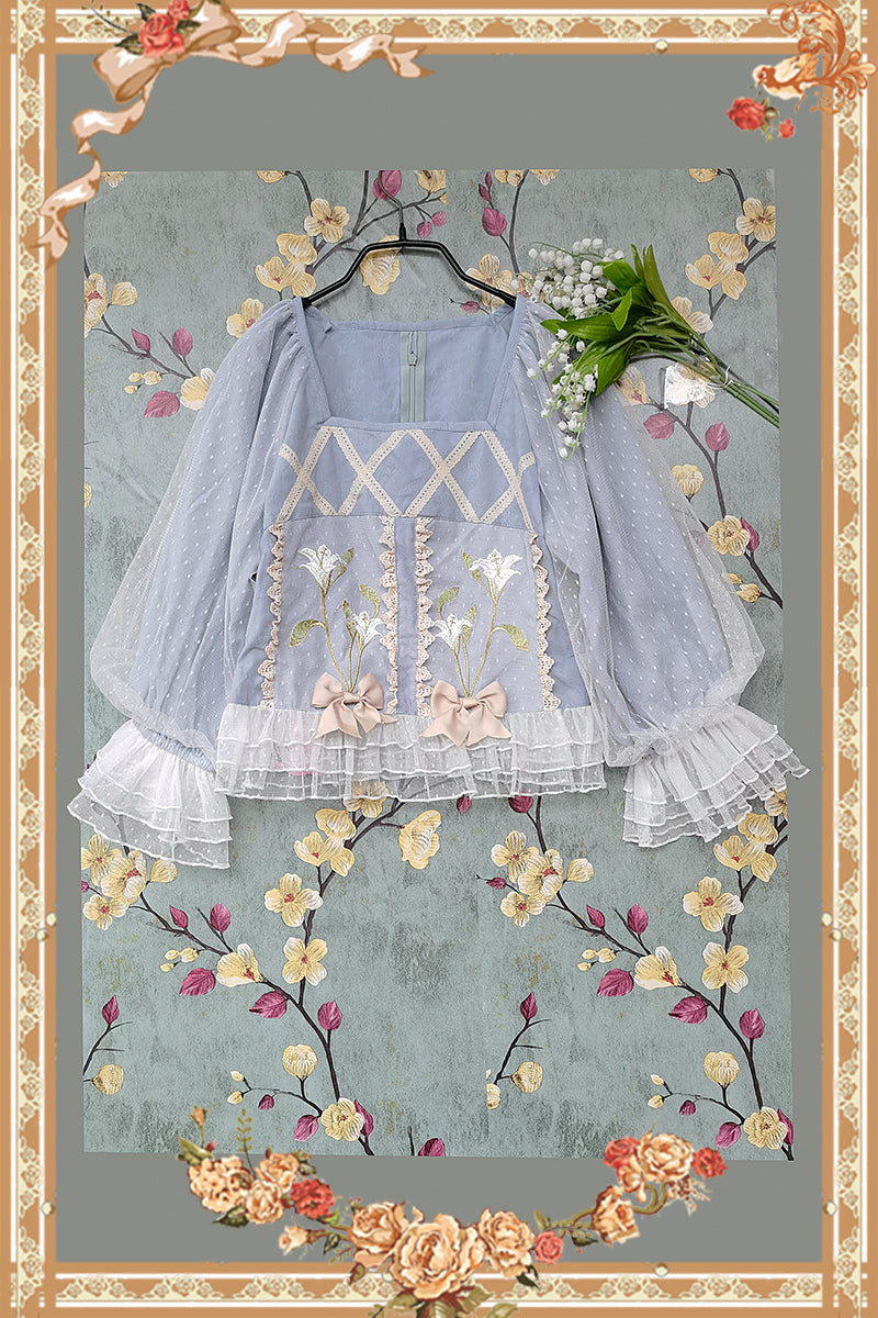 Infanta~Melaleuca Lily~Embroidery Country Lolita Blouse and Skirt L blue blouse white net yarn 