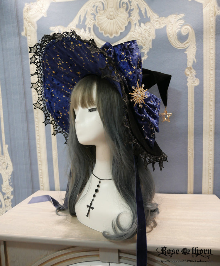 Rose Thorn - Polar Night Sky - Halloween Gorgeous Gilding Lolita Witch Hat Navy Blue (without veil and chain)