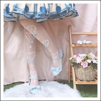 Roji roji - Super Thin Summer Lolita Knee Socks over knee socks sax bow on white background