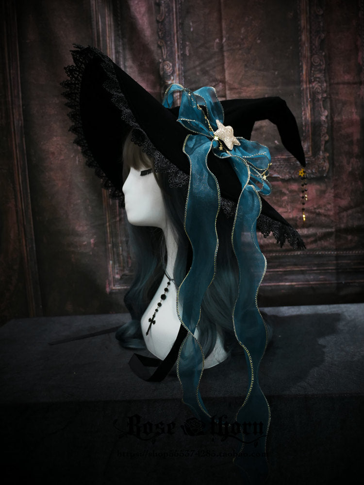 Rose Thorn - Twinkle Veil Lolita Halloween Witch Hat Dark green / bow ribbon hat / without the veil and star chain