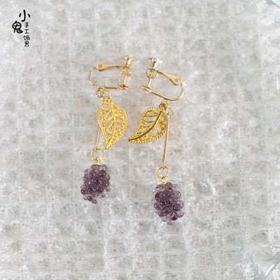 Xiaogui - Grapery Lolita Earring Necklace Lolita Accessory No.9 purple grape with leaf ear clips