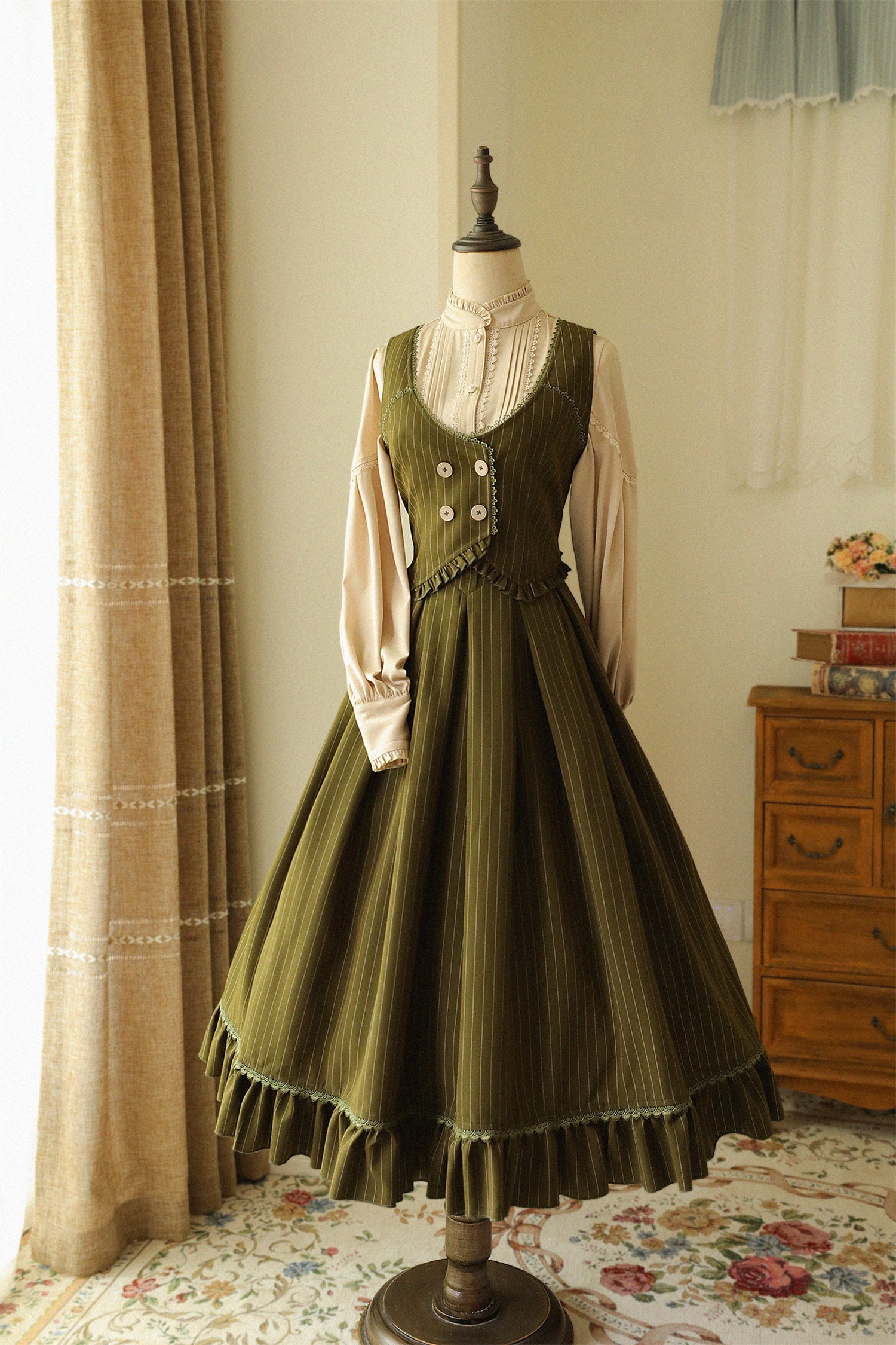Forest Wardrobe - North of the Forest - Classic Lolita Striped Vest Skirt Set S Olive Green Vest In stock