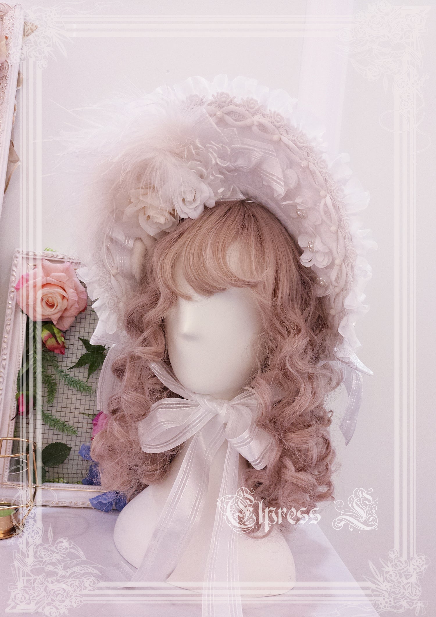 Elpress L~Wedding Lolita Floral Headdress BNT Veil pink BNT
