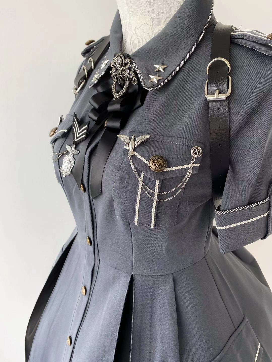Your Highness - Evil Python 2.0 - Military Lolita Gothic OP Dress XS grey blue