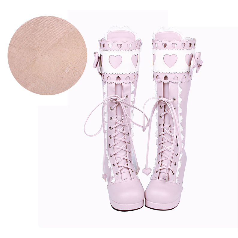 Angelic Imprint ~ Sweet Multicolor Thick Heel Lolita Boots 36 pink white with velvet (heel 6cm) 